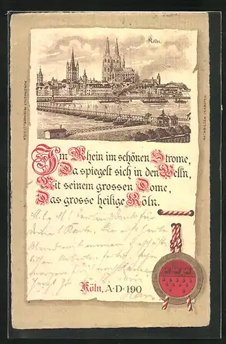 Lithographie Köln, Blick über den Rhein zum Dom