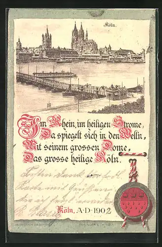 Lithographie Köln, Blick über den Rhein zum Dom, Siegel