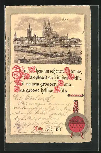 Lithographie Köln, Blick über den Rhein zum Dom