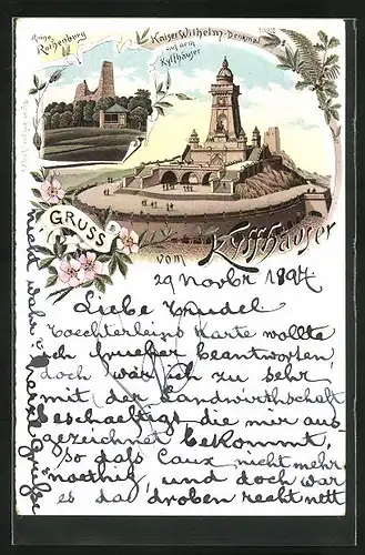Lithographie Kyffhäuser, Darstellung des Kaiser-Wilhelm-Denkmals, Ruine Rothenburg