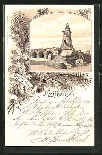 Lithographie Kyffhäuser, Darstellung des Kaiser-Wilhelm-Denkmals, gerahmt von Laub