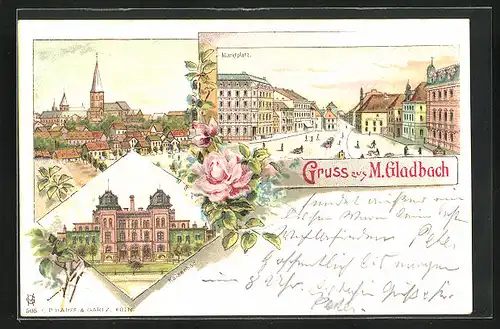 Lithographie Mönchengladbach, Marktplatz, Kaiserbad, Teilansicht mit Kirche