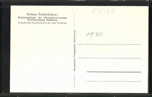 AK Friedrichsbrunn /Ostharz, Kurhaus Friedrichsbrunn, Erholungsheim der Deutschnationalen Krankenkasse Hamburg