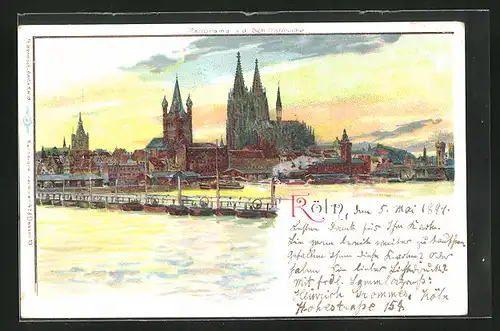 Künstler-AK Köln, Panorama v. d. Schiffsbrücke