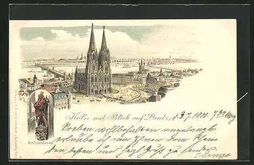 Lithographie Köln, Teilansicht mit Dom und Blick auf Deutz, St. Christoforus