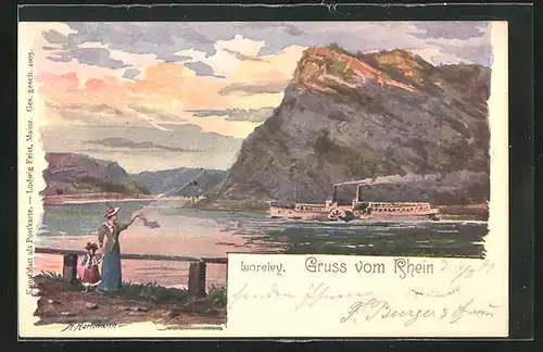 Künstler-AK St. Goar /Rhein, Loreley und Dampfer