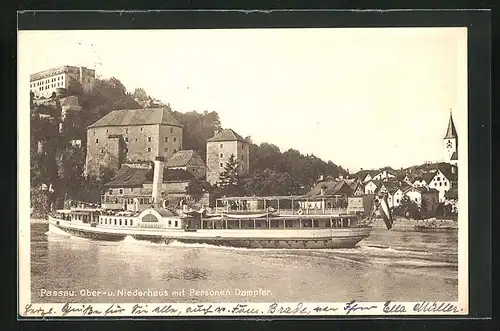 AK Passau, Ober- und Niederhaus mit Personen Dampfer MS Habsburg, Donau