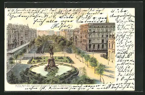 Lithographie Köln-Neustadt, Kaiser-Wilhelm-Ring mit Denkmal