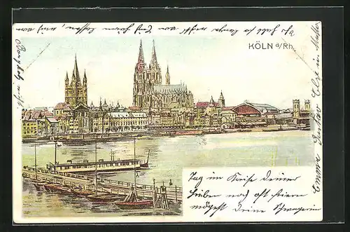 Lithographie Köln, Flusspartie mit Dom, Hauptbahnhof und Pontonbrücke