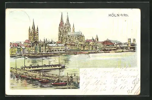 Lithographie Köln, Teilansicht mit Dom und Hauptbahnhof