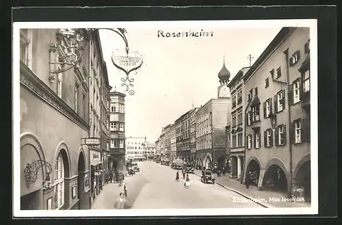 AK Rosenheim, Max Josefplatz mit König Otto Hotel