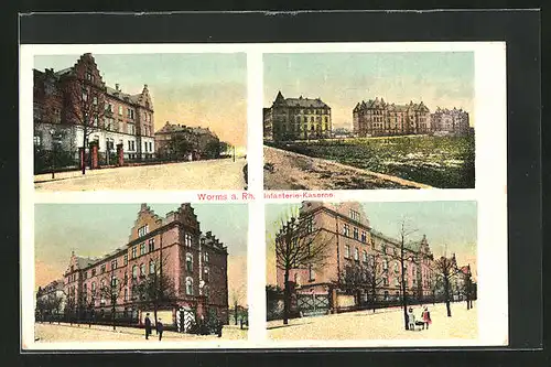 AK Worms a. Rh., Strassenpartien mit Blick auf Infanterie-Kaserne