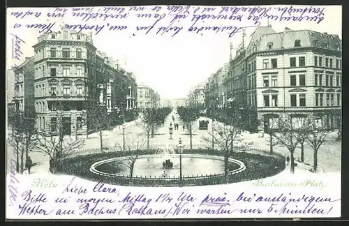 AK Köln-Neustadt, Barbarossa-Platz mit Springbrunnen, Ochsenmetzgerei