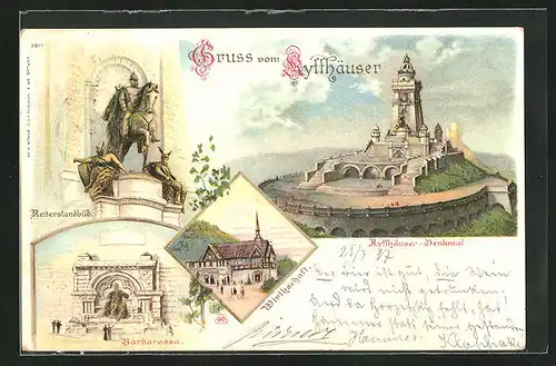 Lithographie Kyffhäuser, Reiterstandbild, Barbarossa, Kyffhäuser-Denkmal