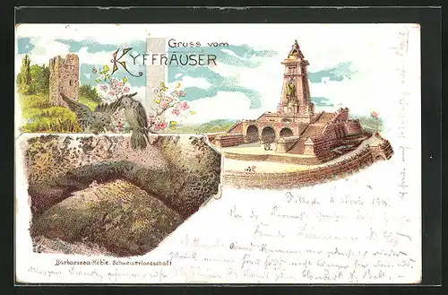 Lithographie Kyffhäuser, Barbarossa-Höhle und Kaiser Wilhelm-Denkmal