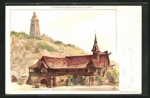 Lithographie Kyffhäuser, Gasthaus am Berghang mit Kaiser Wilhelm-Denkmal