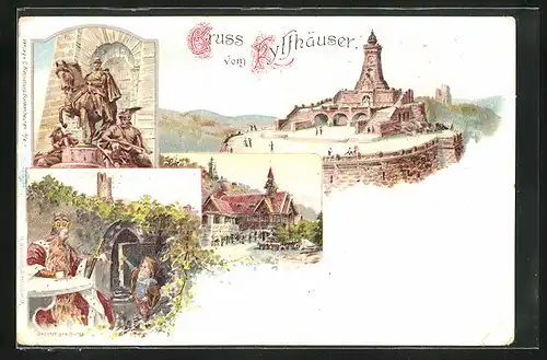 Lithographie Kyffhäuser, Reiterstandbild, Barbarossa, Kyffhäuser-Denkmal