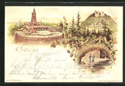 Lithographie Kyffhäuser, Reiterstandbild, Barbarossa-Höhle, Kyffhäuser-Denkmal