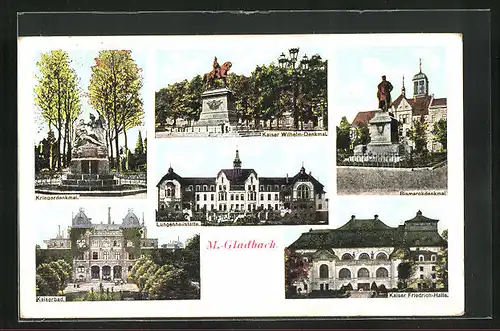 AK M.-Gladbach, Lungenheilstätte, Kaiser Friedrich-Halle, Bismarckdenkmal