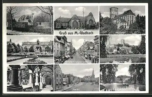 AK M.-Gladbach, Markt mit Geschäften, Geroweiher, Volksgarten