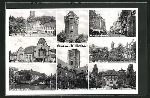 AK M.-Gladbach, Hindenburgstrasse mit Geschäften, Rathaushof mit Münsterturm, Bahnhof