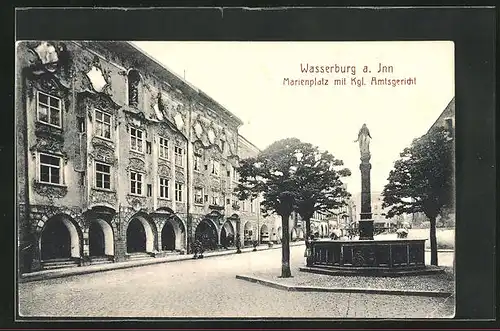 AK Wasserburg a. Inn, Marienplatz mit Königlichem Amtsgericht und Brunnen