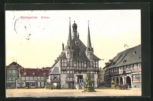 AK Wernigerode, Blick auf das Rathaus mit Brunnen auf dem Marktplatz