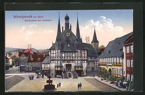 AK Wernigerode, Marktplatz mit Rathaus und Brunnen