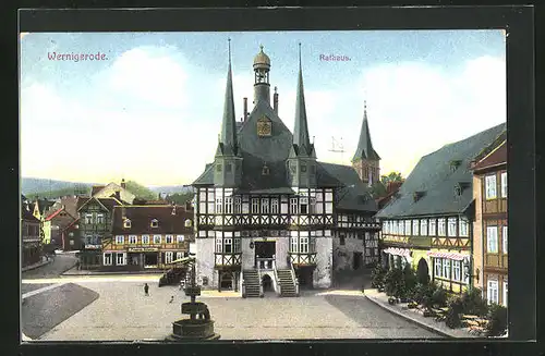 AK Wernigerode, Marktplatz mit Rathaus und Brunnen