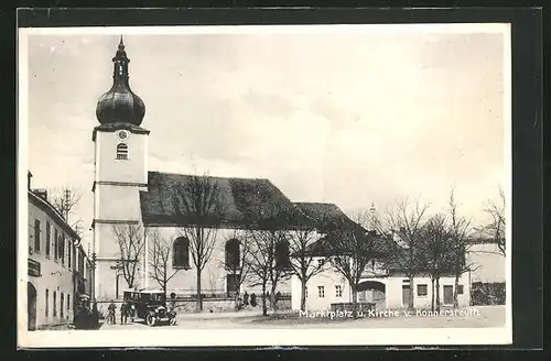 AK Konnersreuth, Marktplatz und Kirche mit Automobil