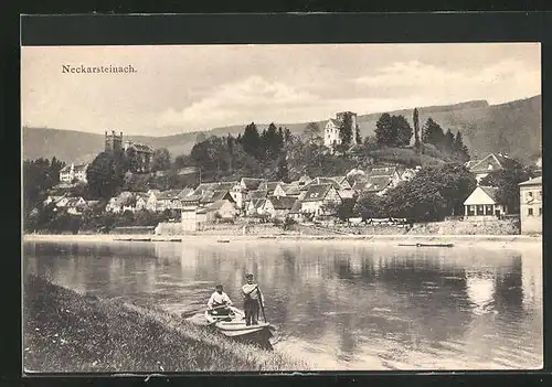 AK Neckarsteinach, Flusspartie, Männer im Ruderboot