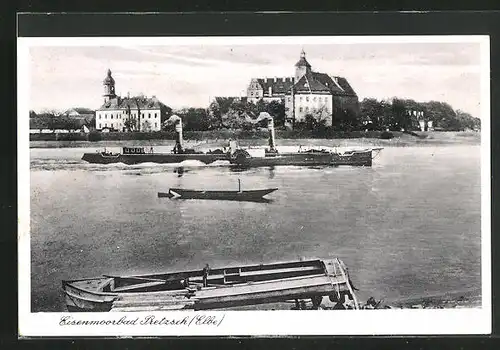 AK Pretzsch, Ortsansicht über die Elbe, Elbdampfer