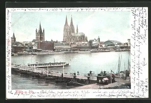 AK Köln, Flusspartie mit Pontonbrücke und Blick auf den Dom