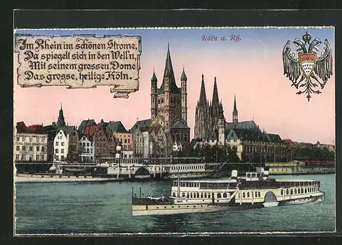 AK Köln, Stadtwappen, Flusspartie mit Dampfer, Dom und St. Martin