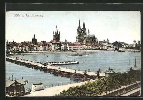 AK Köln, Panorama mit Pontonbrücke und Dom