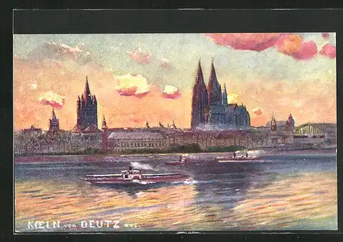 Künstler-AK Köln, Flusspartie mit Dampfern und Dom im Abendrot