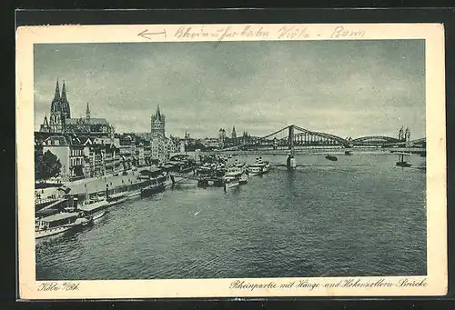 AK Köln, Rheinpartie mit Hänge- und Hohenzollern-Brücke