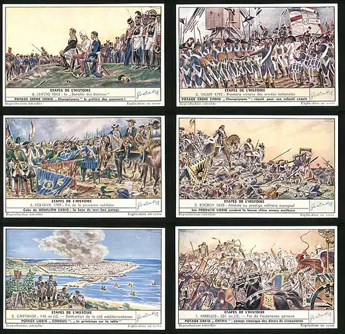 6 Sammelbilder Liebig, Serie Nr. 1554: Etapes de l`Histoire, Leipzig, Arbelles, Schlachtfeld, Militär