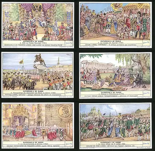 6 Sammelbilder Liebig, Serie Nr. 1587: Catherine II de Russie, Russland, 17. Jahrhundert, Moskau, St. Petersburg