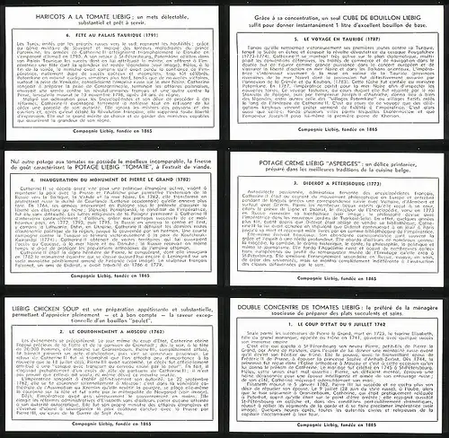 6 Sammelbilder Liebig, Serie Nr. 1587: Catherine II de Russie, Russland, 17. Jahrhundert, Moskau, St. Petersburg