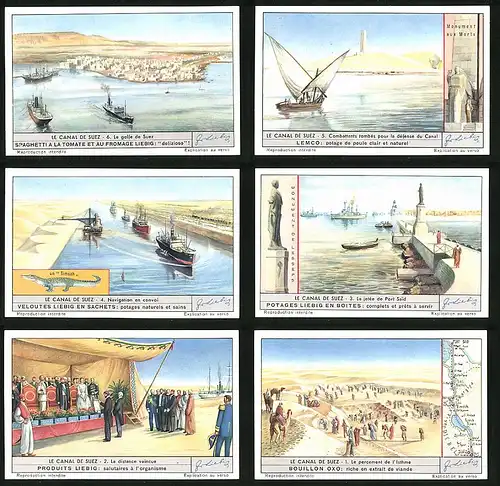 6 Sammelbilder Liebig, Serie Nr. 1561: Le Canal de Suez, Dampfschiff, Wüste, Landkarte