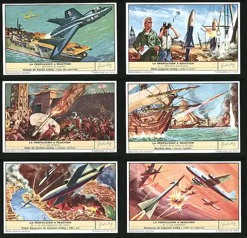 6 Sammelbilder Liebig, Serie Nr. 1653: La Propulsion a Reaction, Rakete, Flugzeug, Segelschiff, Krieg, Bombe