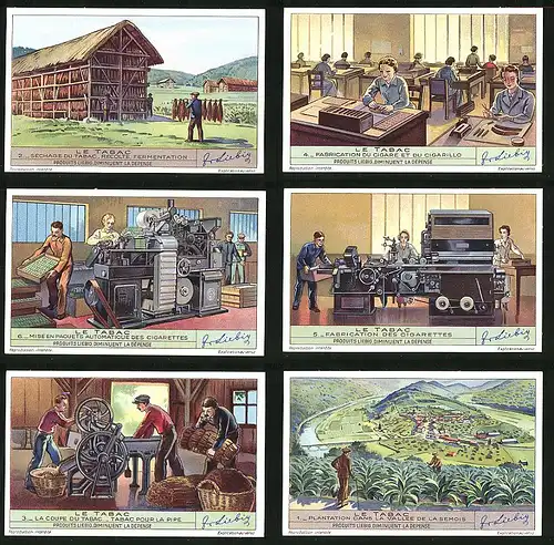 6 Sammelbilder Liebig, Serie Nr. 1407: Le Tabac, Tabak, Ernte, Landwirtschaft, Maschine, Zigarre
