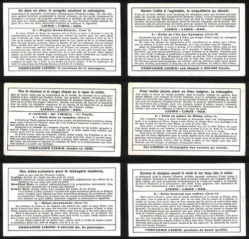 6 Sammelbilder Liebig, Serie Nr. 1238: L`Enéide, 1ère Partie, Zyklop, Antike, Didon, Faustkampf