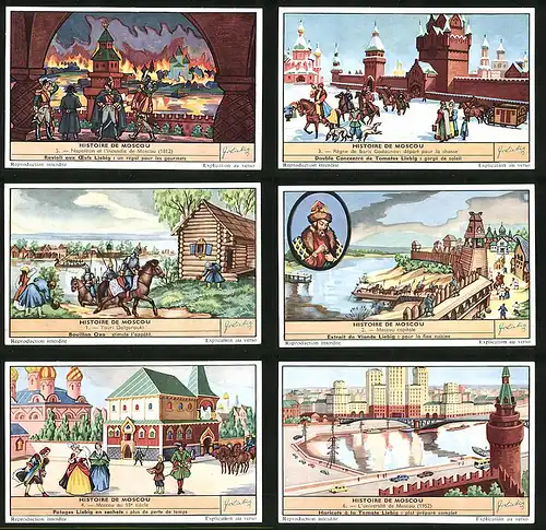 6 Sammelbilder Liebig, Serie Nr. 1723: Histoire de Moscou, Moskau, Russland, Mittelalter