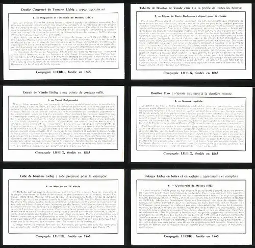 6 Sammelbilder Liebig, Serie Nr. 1723: Histoire de Moscou, Moskau, Russland, Mittelalter