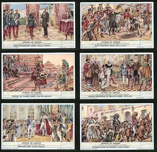 6 Sammelbilder Liebig, Serie Nr. 1702: Histoire du Mexique, Mexico, Cortez, Konquistador, Azteken