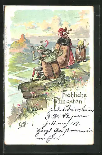 Lithographie Maikäfer-Familie grüsst vom Berggipfel, Pfingstgruss