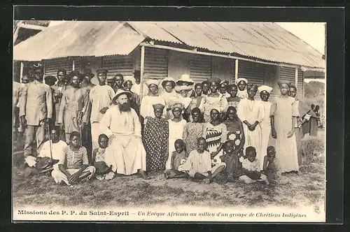 AK Missions des P. P. du Saint-Esprit, Missionar inmitten einer Gruppe Afrikaner
