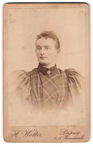 Fotografie Hermann Walter, Leipzig, Portrait Dame im Puffärmelkleid mit Karomuster